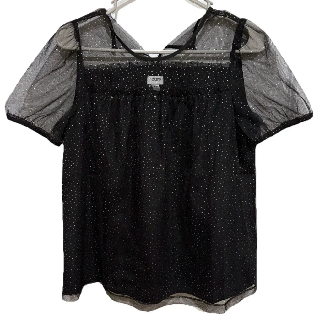 J. Crew Black Sparkle Puff Sleeve Tulle‎ Top XS Holiday Party Fancy Dressy Sheer
